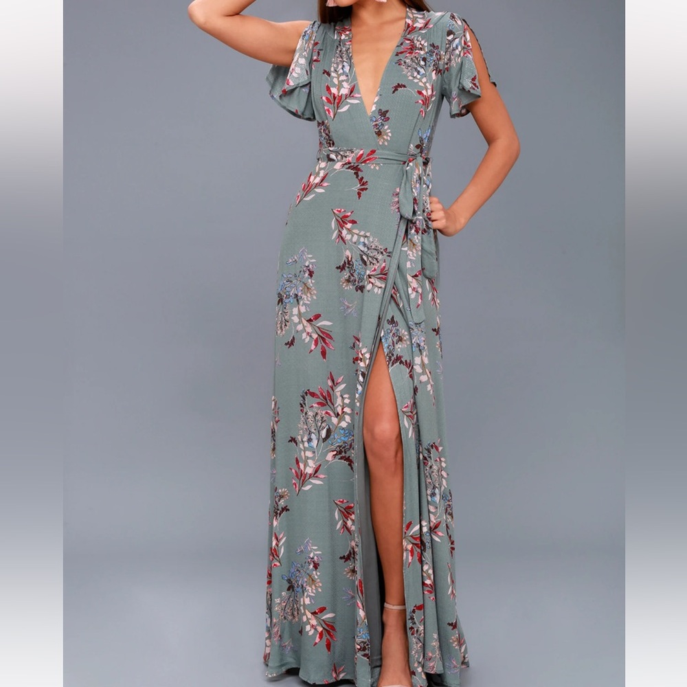 Fiorire Slate Blue Floral Print Wrap Maxi Dress from Lulus, size Large